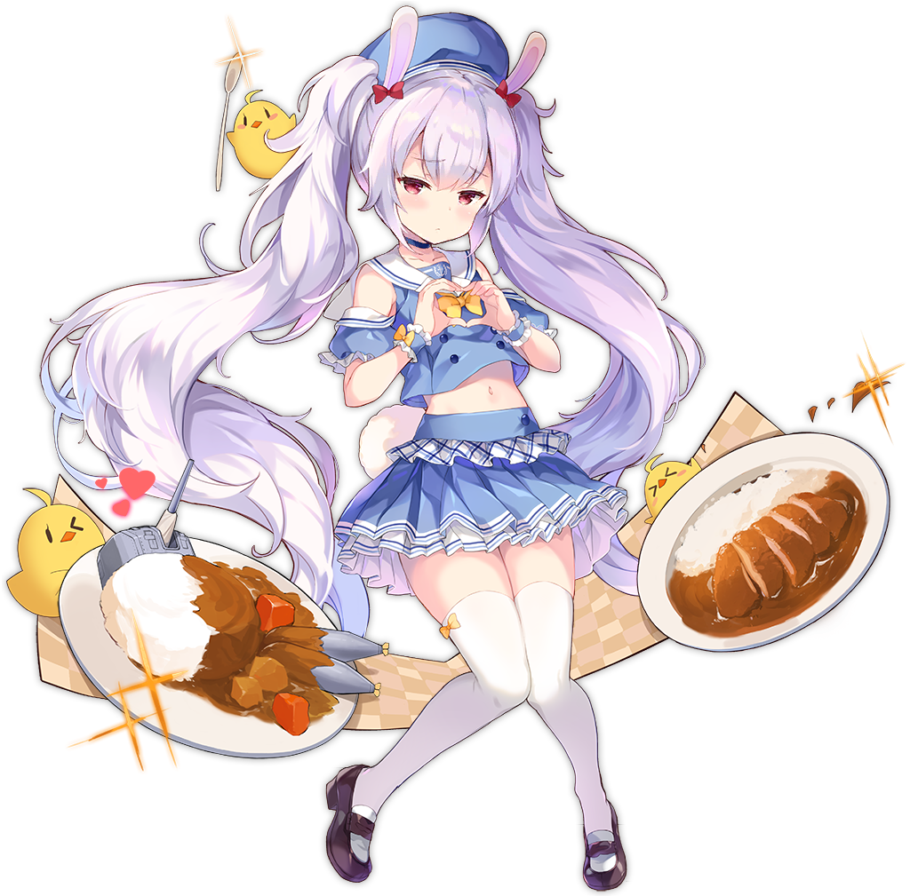 1girl :&lt; absurdly_long_hair azur_lane blue_skirt blush closed_mouth crop_top curry curry_rice eyebrows_visible_through_hair food full_body heart heart_hands kaede_(003591163) laffey_(azur_lane) long_hair looking_at_viewer navel official_art plate purple_hair red_eyes rice skirt solo thigh-highs transparent_background twintails very_long_hair white_legwear