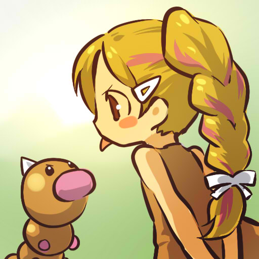 1girl arms_behind_back blush_stickers bow braid brown_eyes costume hair_ornament hairclip hitec horns moemon multicolored_hair orange_hair personification pokemon pokemon_(creature) pokemon_(game) pokemon_rgby spike tongue two-tone_hair two_tone_hair weedle