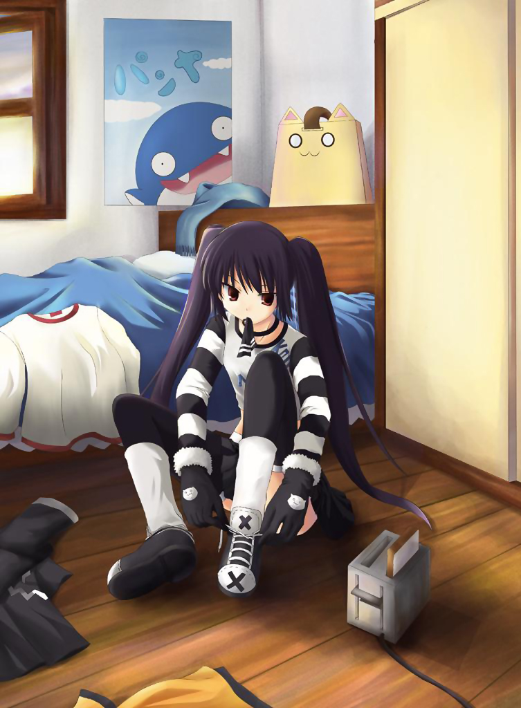 bedroom black_hair catbag gloves kooh long_hair mouth_hold pangya red_eyes ribbon ribbons room socks thighhighs toast toaster twintails