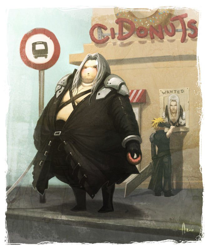 armor blonde_hair boots bus_stop cloud_strife coat comedy doughnut fat fat_man final_fantasy final_fantasy_vii final_fantasy_vii_advent_children gloves long_hair njoo poster poster_(object) sephiroth silver_hair sweatdrop sword udon udon_entertainment wanted wanted_poster weapon