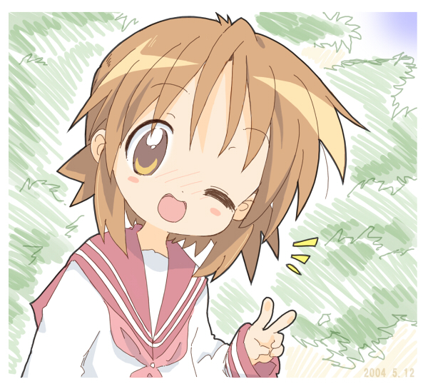 1girl brown_eyes brown_hair core_(mayomayo) hiiragi_matsuri lucky_star school_uniform solo wink