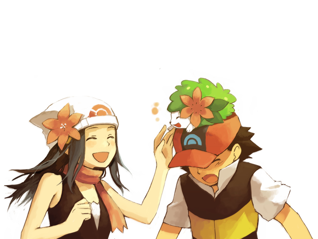 1boy 1girl beanie black_hair closed_eyes flower hat hikari_(pokemon) laugh laughing pokemon pokemon_(anime) pokemon_(creature) satoshi_(pokemon) scarf shaymin shirataki_nako white_background