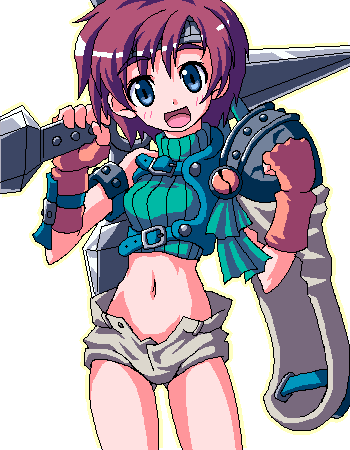 blue_eyes brown_hair final_fantasy final_fantasy_vii fingerless_gloves gloves headband lowres midriff ninja oekaki open_fly short_hair shorts shuriken sleeveless sleeveless_turtleneck smile solo turtleneck unzipped yuffie_kisaragi