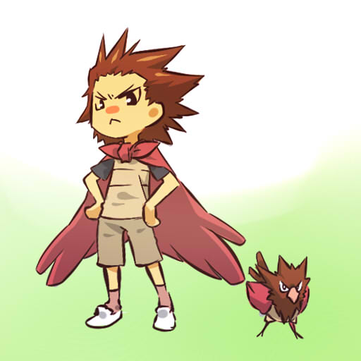 1boy bird brown_hair cape hitec moemon personification pokemon pokemon_(creature) pokemon_(game) pokemon_rgby shorts socks spearow spiked_hair spiky_hair t-shirt wings