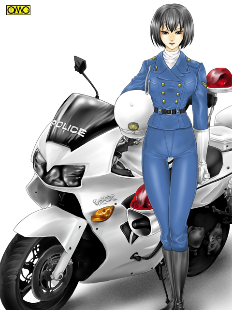 1girl black_hair boots gloves helmet motor_vehicle motorcycle original police police_uniform policewomam policewoman short_hair traffic_officer uniform vehicle