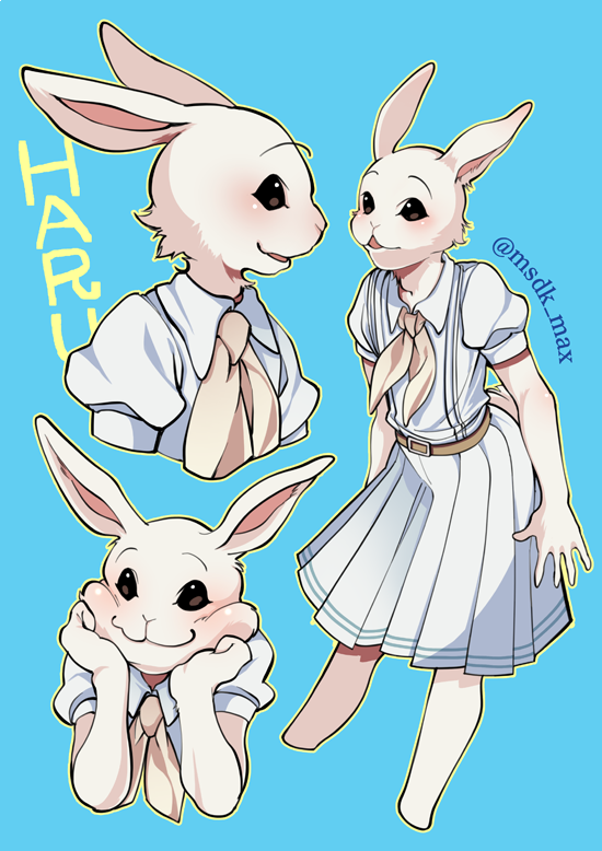 1girl beastars belt blush bunny_tail fur furry msdk_max necktie school_uniform skirt solo tail twitter_username