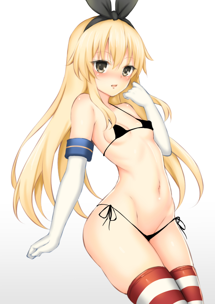 1girl bikini black_bikini blonde_hair blush breasts covered_nipples elbow_gloves eyebrows_visible_through_hair gloves gradient gradient_background grey_eyes hair_between_eyes hairband kantai_collection long_hair micro_bikini navel open_mouth shimakaze_(kantai_collection) small_breasts solo striped striped_legwear swimsuit thigh-highs toshishikisai white_gloves