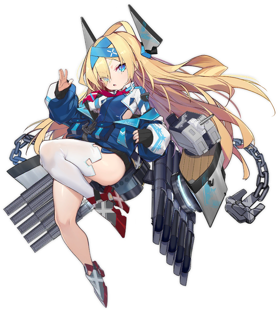 1girl amoeba_yuanchong anchor asymmetrical_legwear azur_lane bangs blonde_hair blue_eyes bodysuit chain flat_chest hair_over_eyes hairband headgear jacket knee_up long_hair looking_at_viewer mechanical_horns multicolored multicolored_bodysuit multicolored_clothes multicolored_jacket necktie off-shoulder_jacket official_art open_mouth rigging rudder_footwear smalley_(azur_lane) solo thigh-highs torpedo_tubes transparent_background turret white_legwear