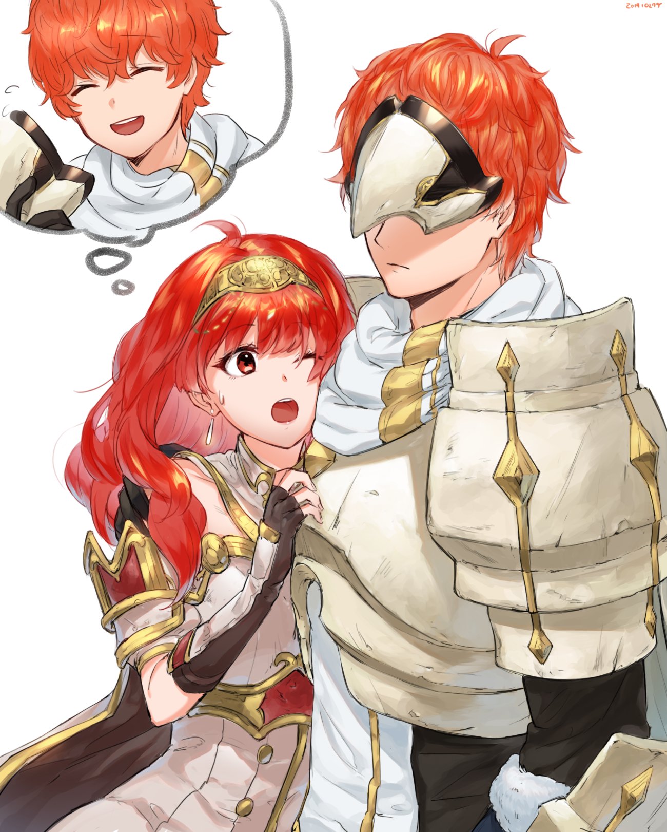 1boy 1girl armor brother_and_sister celica_(fire_emblem) closed_eyes closed_mouth conrad_(fire_emblem) dress earrings fingerless_gloves fire_emblem fire_emblem_echoes:_shadows_of_valentia futabaaf gloves highres imagining jewelry long_hair mask one_eye_closed open_mouth red_eyes redhead short_hair siblings simple_background tiara white_background