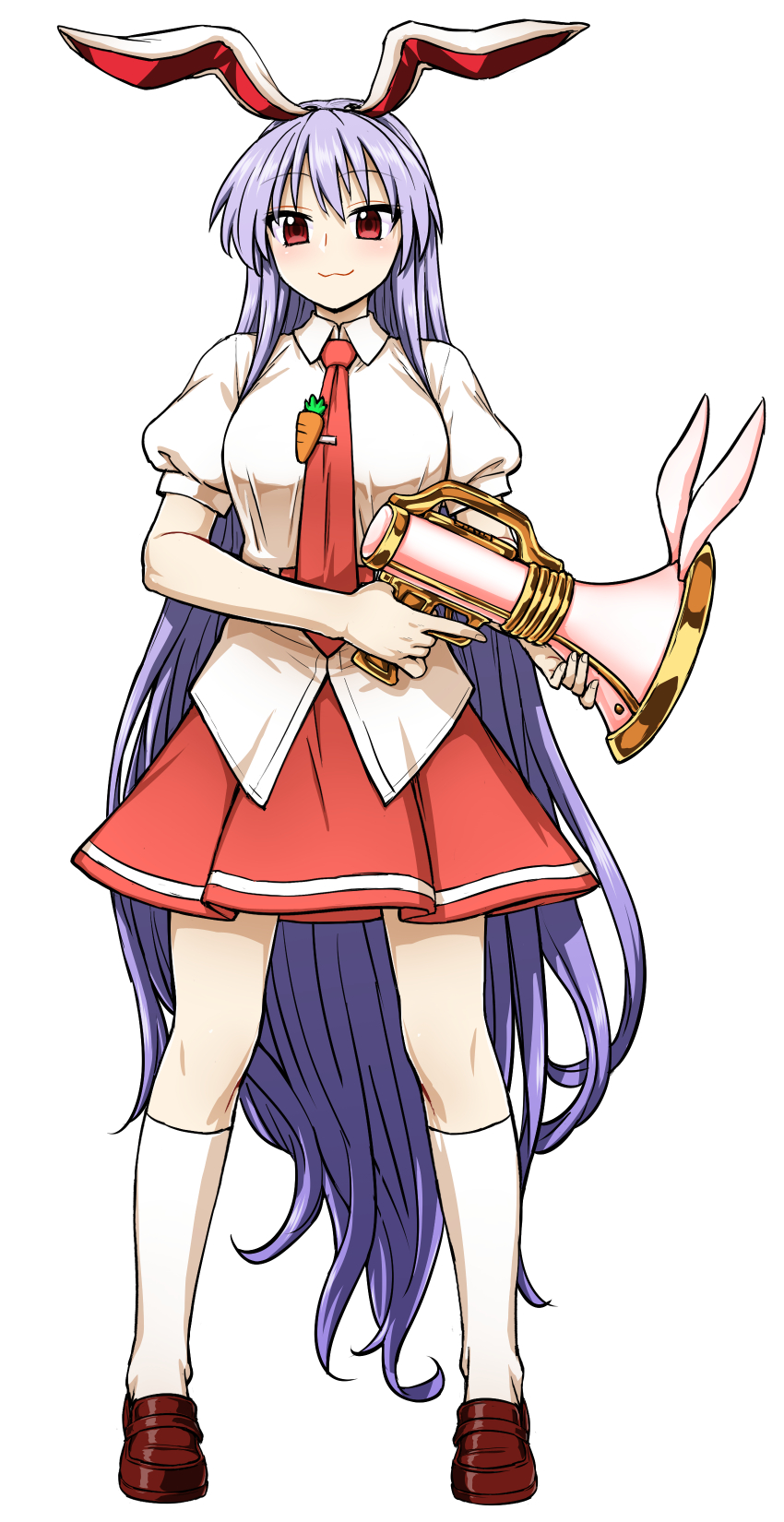 1girl :3 animal_ears brown_footwear eyebrows_visible_through_hair full_body highres itou_yuuji kneehighs legs_apart long_hair looking_at_viewer lunatic_gun necktie puffy_short_sleeves puffy_sleeves purple_hair rabbit_ears red_eyes red_neckwear red_skirt reisen_udongein_inaba shirt shoes short_sleeves simple_background skirt smile solo standing touhou very_long_hair white_background white_legwear white_shirt wing_collar