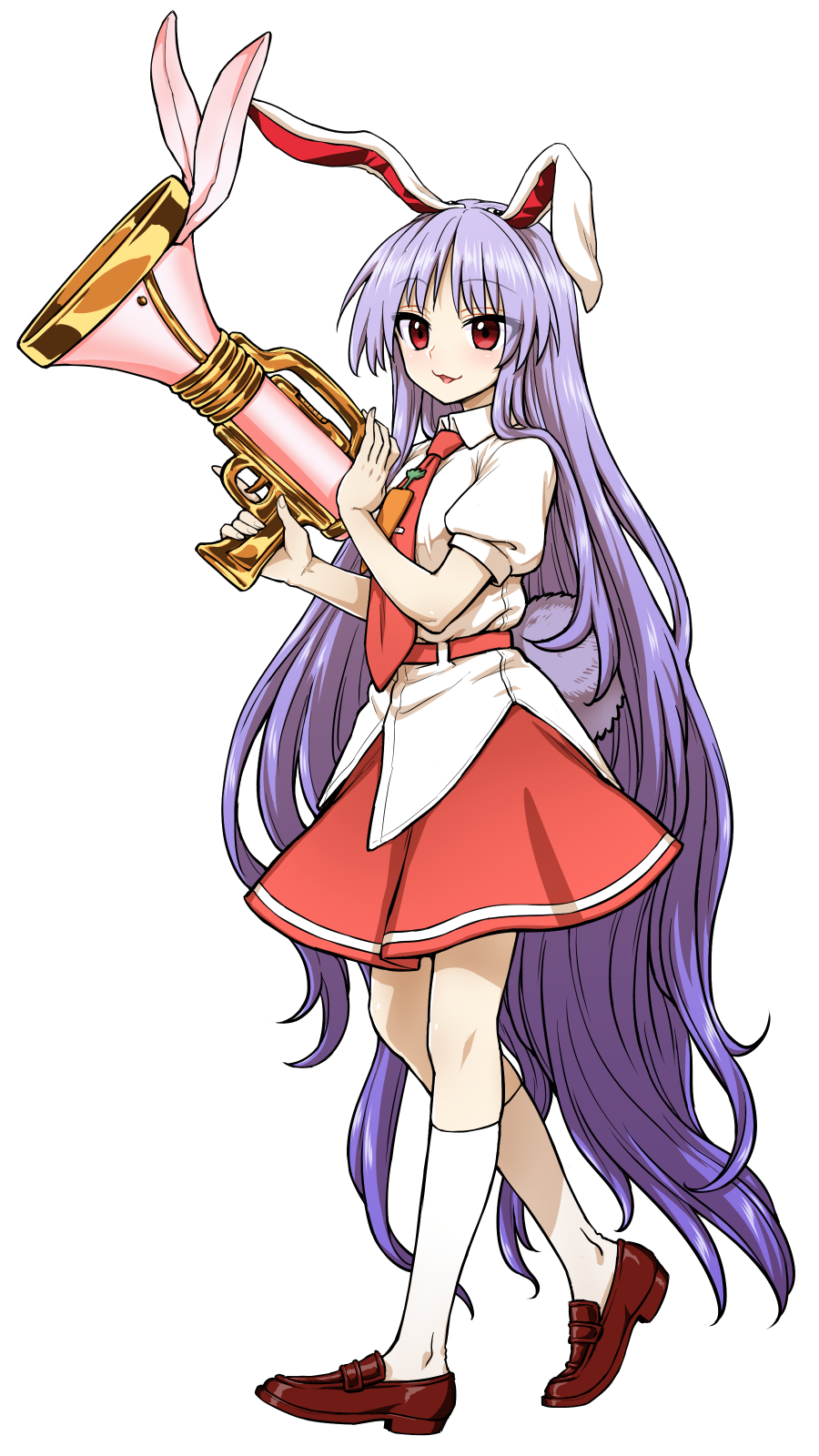 1girl :3 animal_ears brown_footwear bunny_tail eyebrows_visible_through_hair eyes_visible_through_hair full_body highres itou_yuuji kneehighs long_hair looking_at_viewer lunatic_gun necktie parted_lips puffy_short_sleeves puffy_sleeves purple_hair rabbit_ears red_eyes red_neckwear red_skirt reisen_udongein_inaba shirt shoes short_sleeves simple_background skirt smile solo standing tail touhou very_long_hair white_background white_legwear white_shirt wing_collar