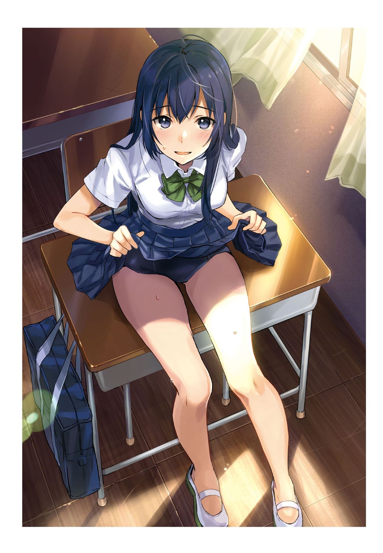 1girl bag black_eyes black_hair black_skirt blouse bow bowtie chair curtains desk full_body green_neckwear highres lifted_by_self long_hair looking_at_viewer no_socks on_desk one-piece_swimsuit open_mouth original pleated_skirt school_bag school_chair school_desk school_swimsuit school_uniform shoes sitting skirt skirt_lift solo swimsuit swimsuit_under_clothes table tan_(tangent) uwabaki white_blouse window