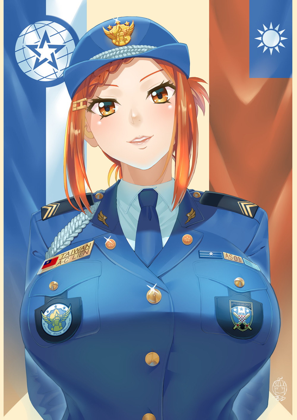 1girl aiguillette arms_behind_back blue_jacket blue_neckwear braid breasts buttons epaulettes french_braid ge_xi hair_ornament hairclip hat highres huge_breasts jacket levasol_defense_corps lien_ai-chiang looking_at_viewer mini_flag necktie orange_eyes orange_hair parted_lips police police_hat police_uniform policewoman republic_of_china_flag solo sparkle uniform upper_body witches_in_7th_base