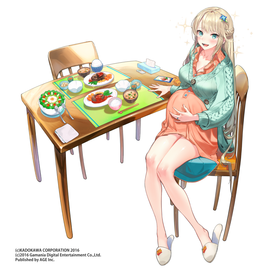 1girl bangs bare_legs belly blonde_hair blue_eyes blush bowl braid buttons cardigan cellphone cellphone_charm chair chopstick_rest chopsticks collared_dress company_name dress food full_body hair_ornament half_updo hand_on_own_stomach jewelry kansen_x_shoujo knees_together_feet_apart kodama_(wa-ka-me) legs long_hair long_sleeves looking_at_viewer meal meat open_mouth orange_dress partially_unbuttoned phone pregnant rice rice_bowl ring salad sandals short_dress simple_background sitting slippers smartphone smile soup sparkle table tissue_box very_long_hair watermark wedding_band white_background