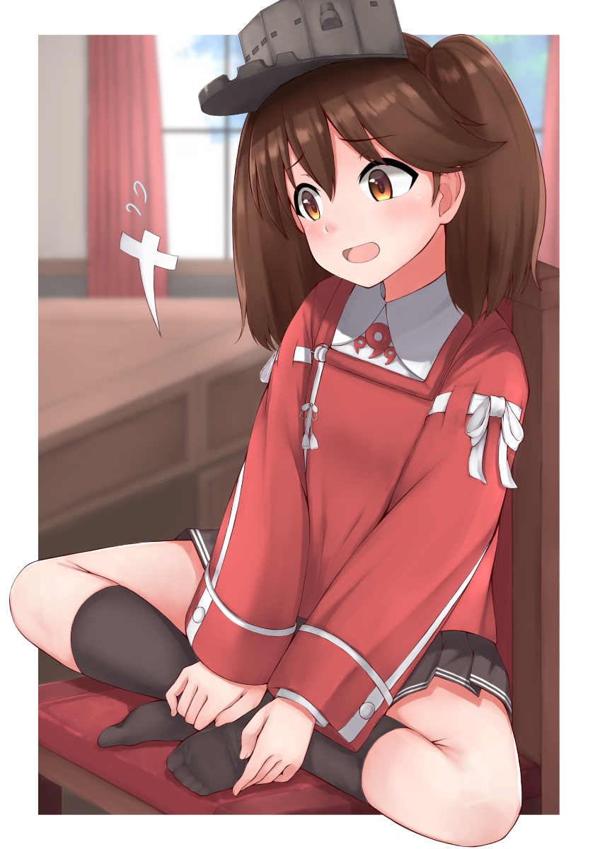 1girl black_legwear blue_sky blush brown_eyes brown_hair brown_skirt chair clouds eyebrows_visible_through_hair hair_between_eyes hair_ornament hat highres japanese_clothes kantai_collection long_hair magatama no_shoes open_mouth ryuujou_(kantai_collection) shirt sitting skirt sky smile socks soles solo tiemu_(man190) twintails visor_cap white_shirt window