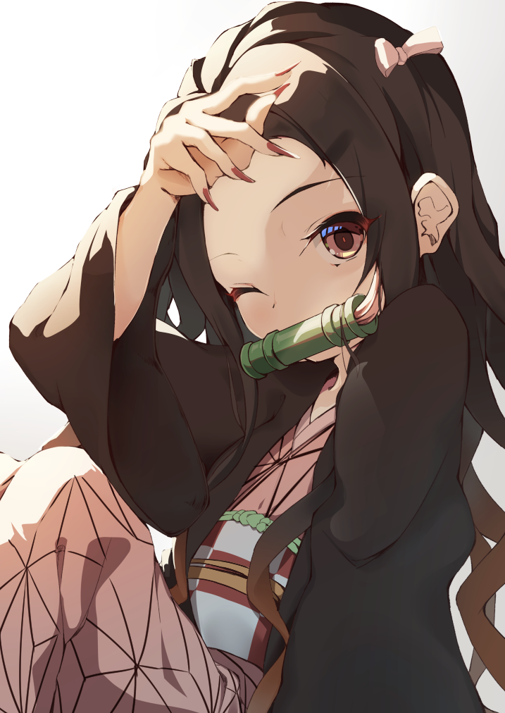 1girl arm_up bamboo bangs bit_gag black_hair brown_eyes brown_hair checkered commentary_request fingernails forehead gag gradient gradient_background gradient_hair grey_background hair_ribbon japanese_clothes kamado_nezuko kimetsu_no_yaiba kimono long_fingernails long_hair long_sleeves mouth_hold multicolored_hair obi open_clothes parted_bangs pink_kimono pink_ribbon red_nails revision ribbon same_shark sash sharp_fingernails solo very_long_hair white_background wide_sleeves