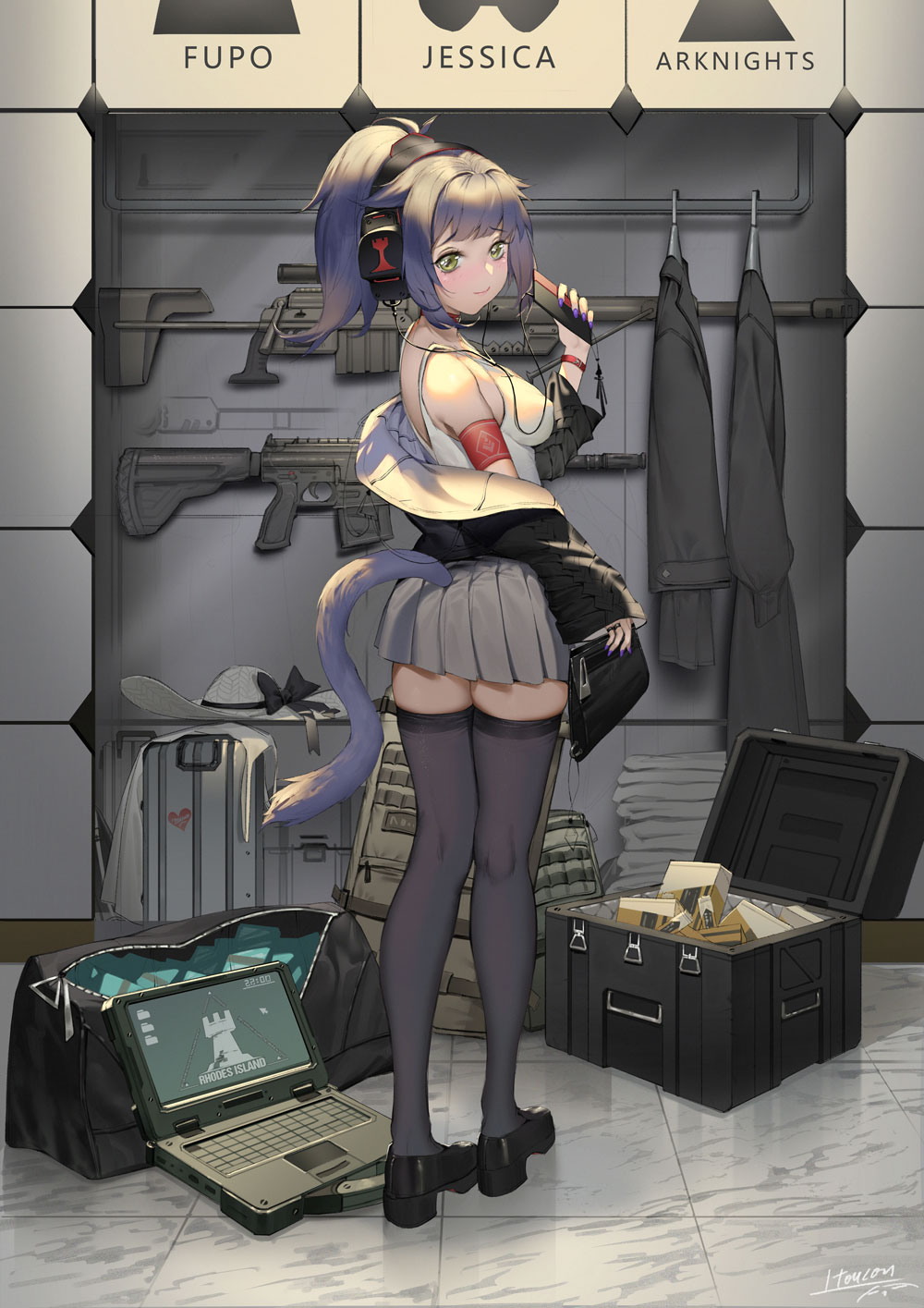 1girl arknights armband assault_rifle battle_rifle black_legwear bolt_action breasts cheytac_m200 computer covered_nipples digital_media_player eyebrows_visible_through_hair from_side green_eyes gun h&amp;k_hk417 headphones highres indoors itoucon jessica_(arknights) laptop looking_back medium_breasts nail_polish off_shoulder pleated_skirt ponytail rifle sidelocks skirt sniper_rifle solo standing tail tank_top thigh-highs tile_floor tiles weapon zettai_ryouiki