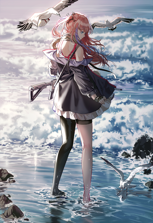 1girl ar-15 assault_rifle bangs barefoot bird blue_eyes closed_mouth clouds day dress fingerless_gloves floating_hair full_body girls_frontline gloves gun hair_between_eyes hair_ornament holding holding_gun holding_weapon jacket long_hair magpul multicolored_hair ocean off_shoulder one_side_up outdoors pink_hair rifle seagull side_ponytail sidelocks silence_girl single_thighhigh solo st_ar-15_(girls_frontline) standing streaked_hair thigh-highs wading waves weapon wind