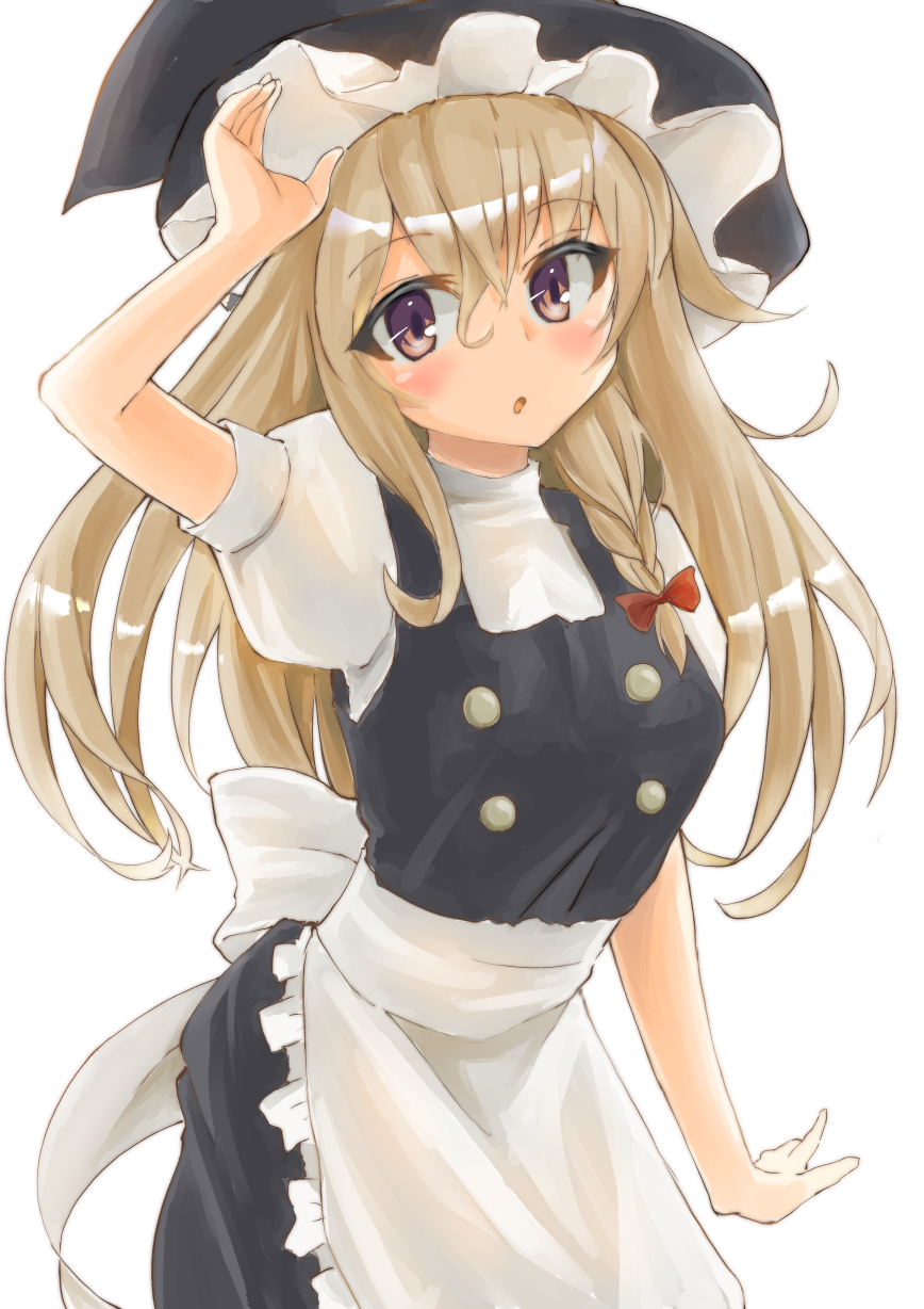 1girl :o apron arm_up black_skirt black_vest blonde_hair braid breasts brown_eyes commentary_request cowboy_shot eyebrows_visible_through_hair hair_between_eyes hair_ribbon hand_on_headwear hat head_tilt highres kirisame_marisa leaning_forward light_blush long_hair looking_at_viewer puffy_short_sleeves puffy_sleeves ribbon shiny shiny_hair shirt short_sleeves simple_background single_braid skirt small_breasts solo standing touhou tress_ribbon very_long_hair vest waist_apron white_background white_shirt witch_hat yamabukiiro_(browncat)