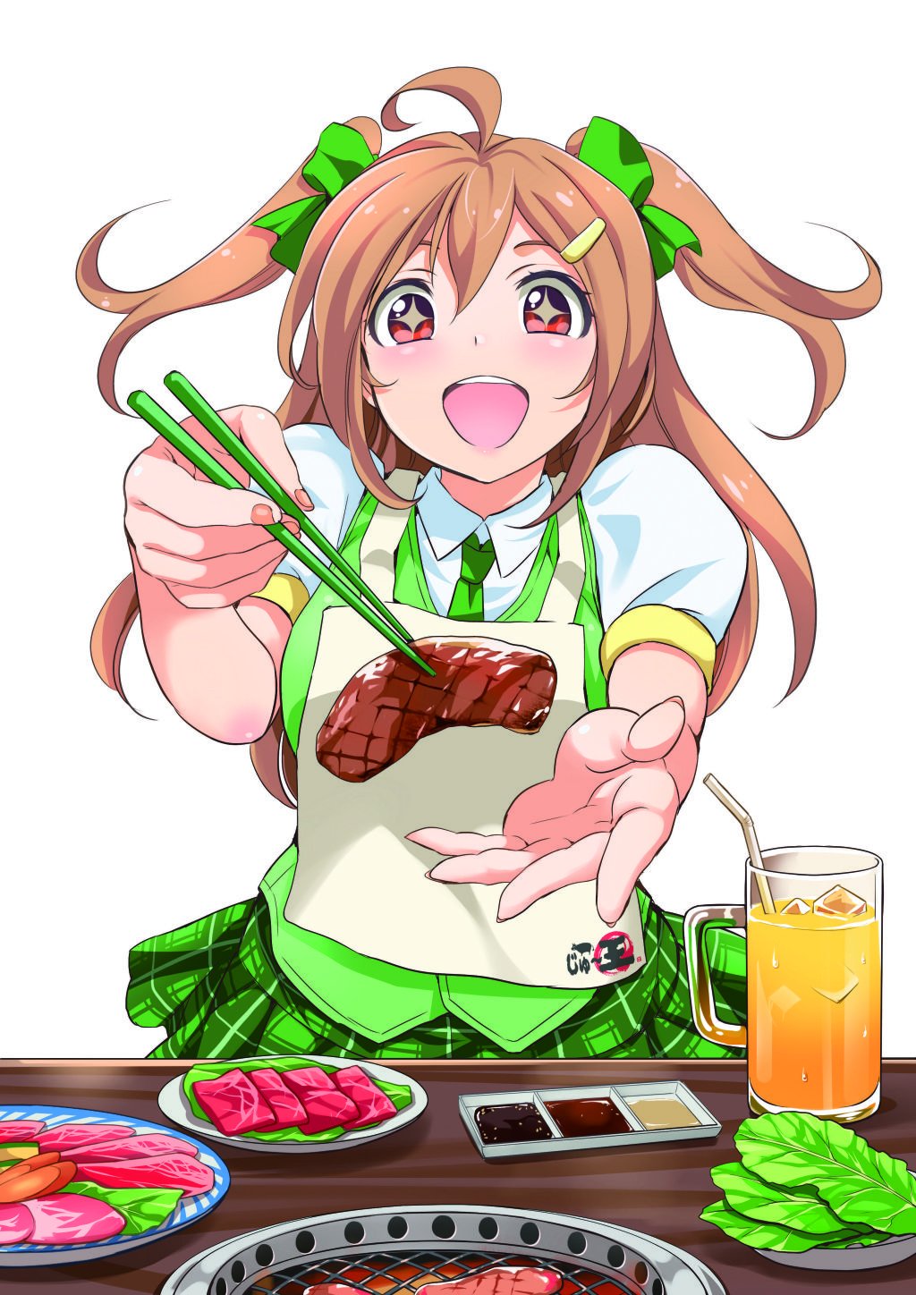 1girl ahoge apron bow brown_eyes brown_hair chopsticks drink feeding food glass green_bow green_neckwear green_skirt green_vest hair_bow hair_ornament hairclip highres holding holding_chopsticks inoue_sora long_hair looking_at_viewer meat midori-chan_(myslot) miniskirt myslot necktie open_mouth plaid plaid_skirt pleated_skirt pov puffy_short_sleeves puffy_sleeves short_sleeves skirt smile solo sparkle sparkling_eyes table twintails vest white_background