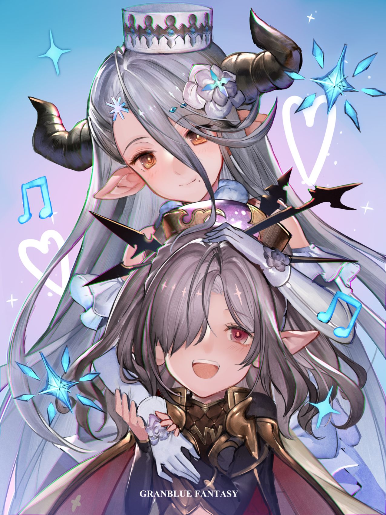 2girls blue_hair copyright_name draph gloves granblue_fantasy hair_over_one_eye hand_on_another's_head hanus harvin hat highres horns izmir long_hair mole mole_under_mouth multiple_girls musical_note nio_(granblue_fantasy) pointy_ears purple_hair smile snowflakes white_gloves