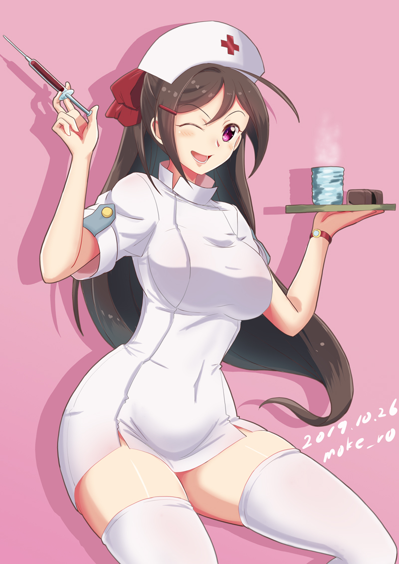 1girl alternate_costume blush bow breasts brown_hair dress hair_bow hair_ornament hat holding holding_syringe kantai_collection large_breasts long_hair looking_at_viewer mamiya_(kantai_collection) mokerou nurse nurse_cap one_eye_closed open_mouth purple_background red_bow red_cross shadow short_dress short_sleeves simple_background smile solo syringe thigh-highs thighs watch white_legwear