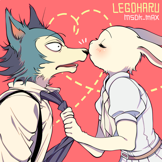 1boy 1girl beastars blush closed_eyes fur furry haru_(beastars) kiss legosi msdk_max necktie nose_kiss rabbit school_uniform suspenders wolf