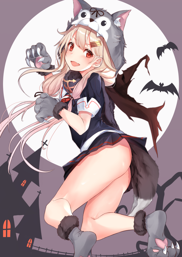 1girl animal_hood black_ribbon black_sailor_collar black_serafuku black_shirt black_skirt blonde_hair dog_hood dog_paws dog_tail fake_tail gloves hair_ornament hair_ribbon hairclip halloween halloween_costume hasaki_(alice_ruru) hood kantai_collection long_hair miniskirt paw_gloves paw_shoes paws pleated_skirt red_eyes remodel_(kantai_collection) ribbon sailor_collar school_uniform serafuku shirt shoes short_sleeves skirt solo tail yuudachi_(kantai_collection)