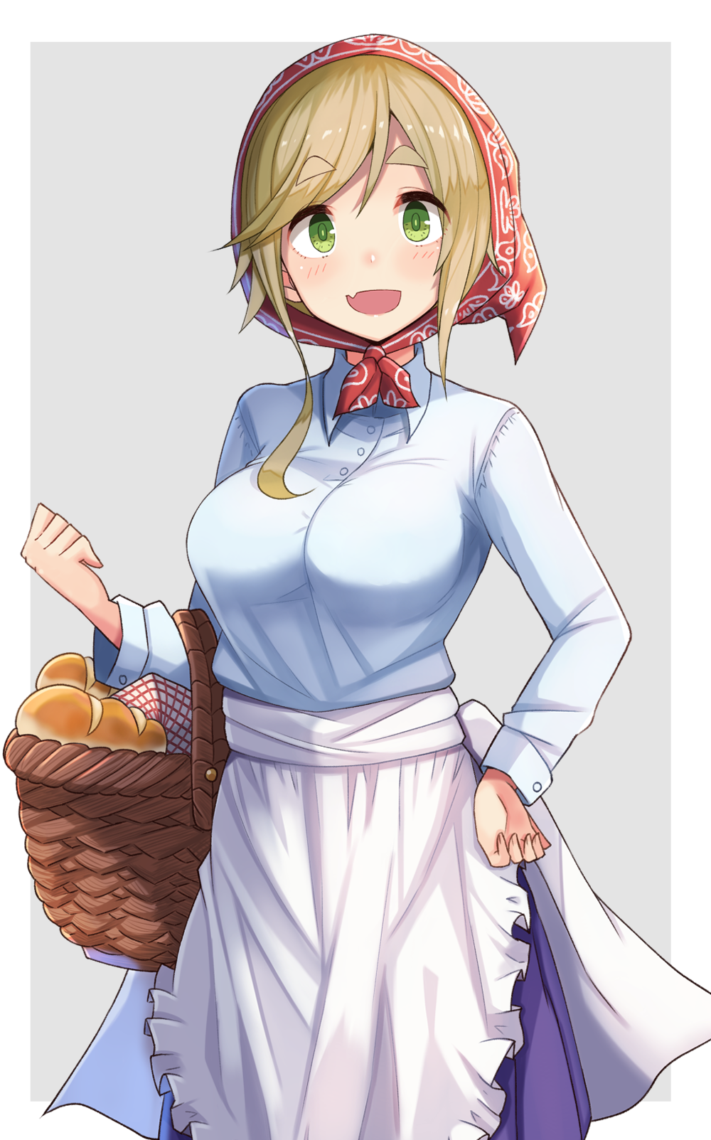 1girl :d apron bangs basket blue_shirt blush bread breasts buttons collared_shirt commentary_request cowboy_shot eyebrows_visible_through_hair fang food green_eyes grey_background hand_on_hip head_scarf highres holding inuyama_aoi large_breasts light_brown_hair long_hair long_sleeves looking_at_viewer open_mouth outside_border plan_(planhaplalan) shirt sidelocks simple_background smile solo standing thick_eyebrows white_apron wing_collar yurucamp