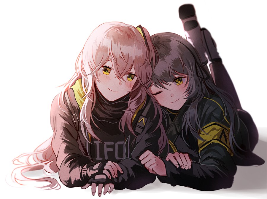 2girls 404_(girls_frontline) bangs blush boots brown_hair closed_mouth eyebrows_visible_through_hair fingerless_gloves girls_frontline gloves grey_hair hair_between_eyes hair_ornament jacket legs_up long_hair long_sleeves looking_at_viewer lying multiple_girls on_stomach one_eye_closed one_side_up pants silence_girl simple_background smile ump45_(girls_frontline) ump9_(girls_frontline) white_background yellow_eyes yuri