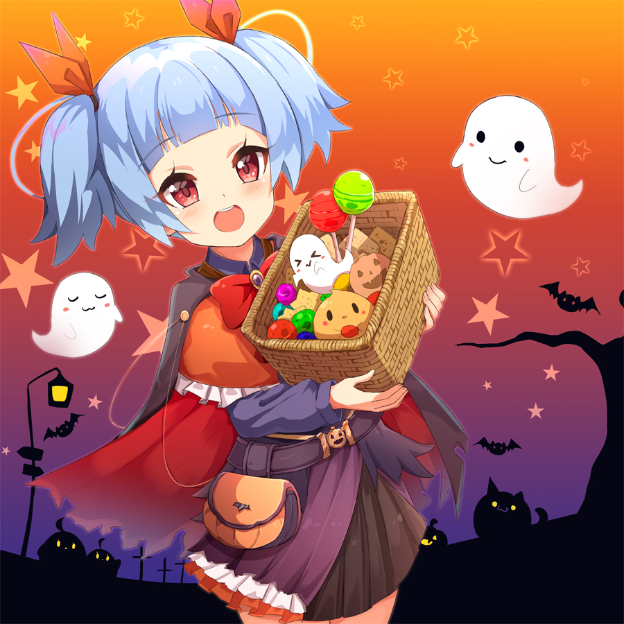 1girl :d ame. animal azur_lane bangs basket belt bird black_cape black_shirt black_skirt blue_hair blush candy cape cat checkerboard_cookie chick commentary_request cookie eyebrows_visible_through_hair food ghost hair_ribbon holding holding_basket jack-o'-lantern lollipop long_sleeves looking_at_viewer manjuu_(azur_lane) multicolored multicolored_cape multicolored_clothes open_mouth pleated_skirt red_cape red_eyes red_ribbon ribbon round_teeth shirt sidelocks skirt smile solo star teeth torn_cape torn_clothes twintails u-556_(azur_lane) upper_teeth