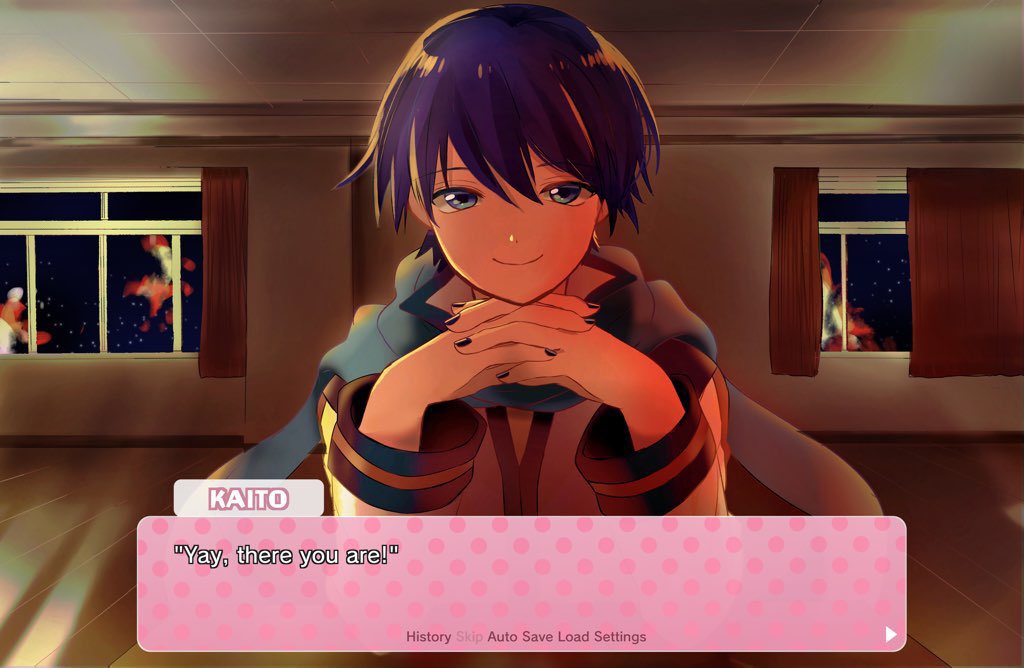 1boy blue_eyes blue_hair blue_nails blue_scarf classroom crypton_future_media curtains doki_doki_literature_club english_text fingernails hands_together indoors kaito looking_at_viewer male_focus nail_polish parody pov scarf sitting smile solo team_salvato upper_body vocaloid xhinokox78 yamaha_(company)