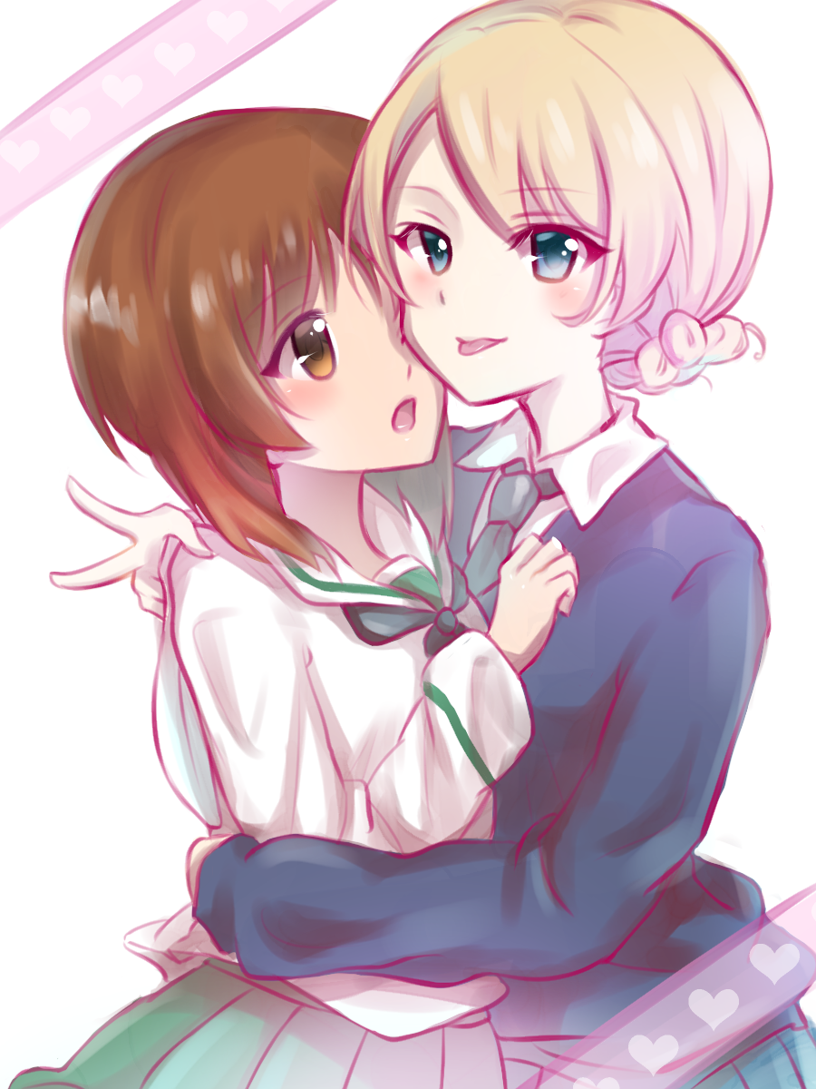 2girls black_neckwear blonde_hair blue_eyes blue_skirt blush braid brown_eyes brown_hair darjeeling eyebrows_visible_through_hair girls_und_panzer green_skirt highres hug looking_at_viewer multiple_girls neckerchief necktie nishizumi_miho ooarai_school_uniform open_mouth rurikoke school_uniform shiny shiny_hair shirt short_hair simple_background skirt smile st._gloriana's_school_uniform tongue tongue_out v white_background white_shirt yuri