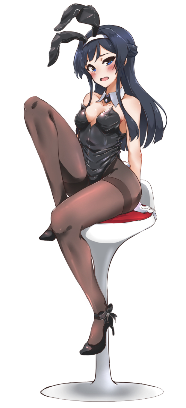 1girl animal_ears black_footwear black_hair black_leotard blue_eyes blush brown_legwear bunny_girl bunny_tail bunnysuit detached_collar embarrassed full_body gloves high_heels highres idolmaster idolmaster_million_live! leotard long_hair looking_at_viewer mogami_shizuka moment_(moment_607) pantyhose rabbit_ears simple_background sitting solo stool strapless strapless_leotard tail thighband_pantyhose white_background white_gloves