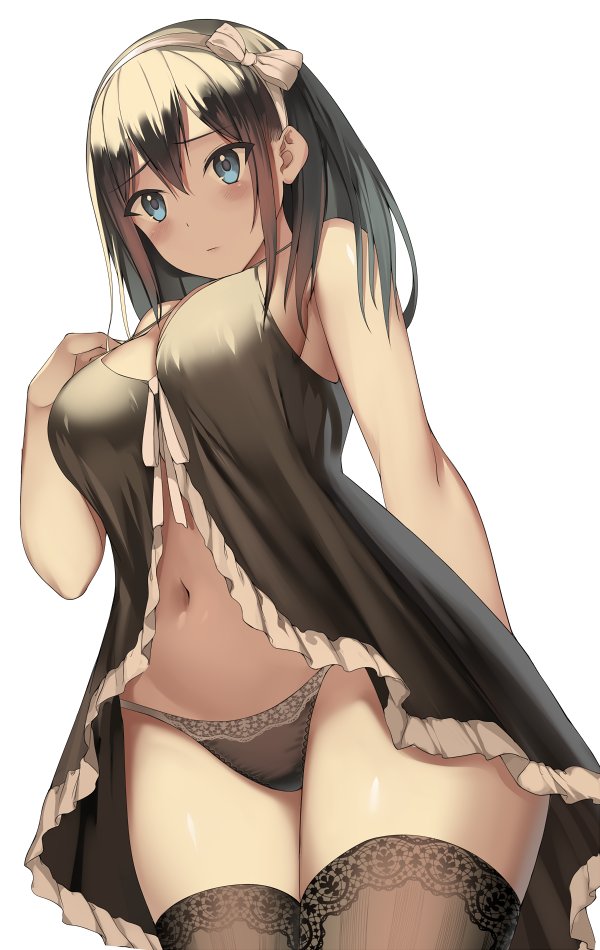 1girl arm_behind_back babydoll bare_arms bare_shoulders black_hair blue_eyes breasts brown_panties cowboy_shot hair_ribbon hand_up kureha_(ironika) large_breasts lingerie long_hair looking_at_viewer navel original panties ribbon simple_background solo spaghetti_strap standing stomach thigh-highs thighs tsubasa_(kureha) underwear underwear_only white_background