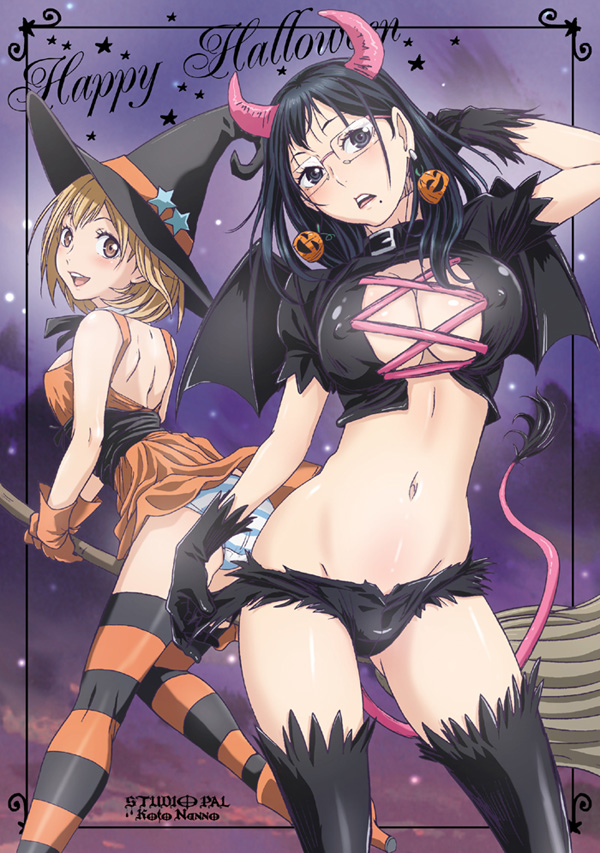 2girls :d alternate_costume ass_visible_through_thighs bat_wings belt black_eyes black_gloves black_hair black_legwear black_wings blonde_hair blush border breasts broom broom_riding collar covered_nipples d: dress earrings english_text glasses gloves groin haikyuu!! halloween halloween_costume hand_up happy_halloween hat holding holding_broom horns jack-o'-lantern jewelry lace-up large_breasts looking_at_viewer midriff mole mole_under_mouth multiple_girls nanno_koto open_mouth orange_dress orange_gloves panties pantyshot puffy_short_sleeves puffy_sleeves pumpkin rimless_eyewear shimizu_kiyoko short_hair short_sleeves sleeveless sleeveless_dress smile star striped striped_legwear striped_panties tail thigh-highs underwear wings witch_hat yachi_hitoka