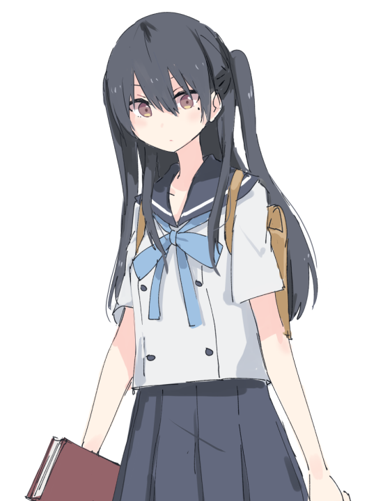 1girl backpack bag black_hair blue_neckwear book brown_eyes hello_world ichigyou_ruri mole mole_under_eye pleated_skirt sailor_collar school_uniform serafuku shiroshi_(denpa_eshidan) skirt solo two_side_up white_background white_serafuku