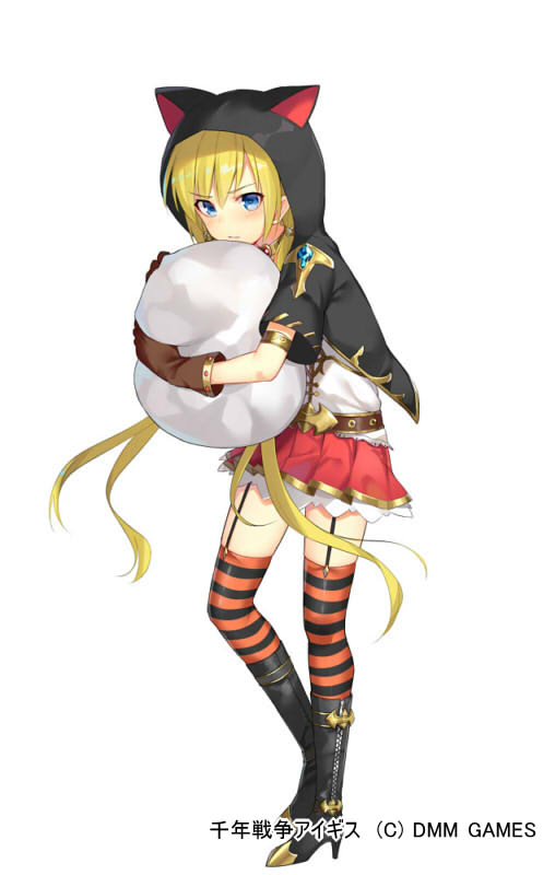 1girl alexmaster animal_ears animal_hood bangs black_footwear black_jacket blonde_hair blue_eyes blush boots brown_gloves cat_ears cat_hood character_request closed_mouth commentary_request eyebrows_visible_through_hair fake_animal_ears full_body garter_straps gloves hair_between_eyes high_heel_boots high_heels hood hood_up hooded_jacket jacket long_hair object_hug official_art pleated_skirt red_skirt sennen_sensou_aigis shirt short_sleeves simple_background skirt solo standing standing_on_one_leg striped striped_legwear thigh-highs thighhighs_under_boots twintails very_long_hair watermark white_background white_shirt