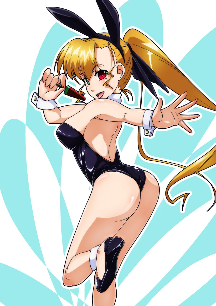 1girl animal_ears ass black_leotard blonde_hair blush breasts bunny_girl bunnysuit eyebrows_visible_through_hair fake_animal_ears food green_eyes heterochromia highres large_breasts leotard long_hair looking_at_viewer looking_back lyrical_nanoha mahou_shoujo_lyrical_nanoha_strikers mahou_shoujo_lyrical_nanoha_vivid open_mouth ponytail popsicle rabbit_ears red_eyes shiny shiny_clothes shiny_hair shiny_skin simple_background smile solo standing tappa_(esperanza) teeth tongue tongue_out two-tone_background upper_teeth vivio
