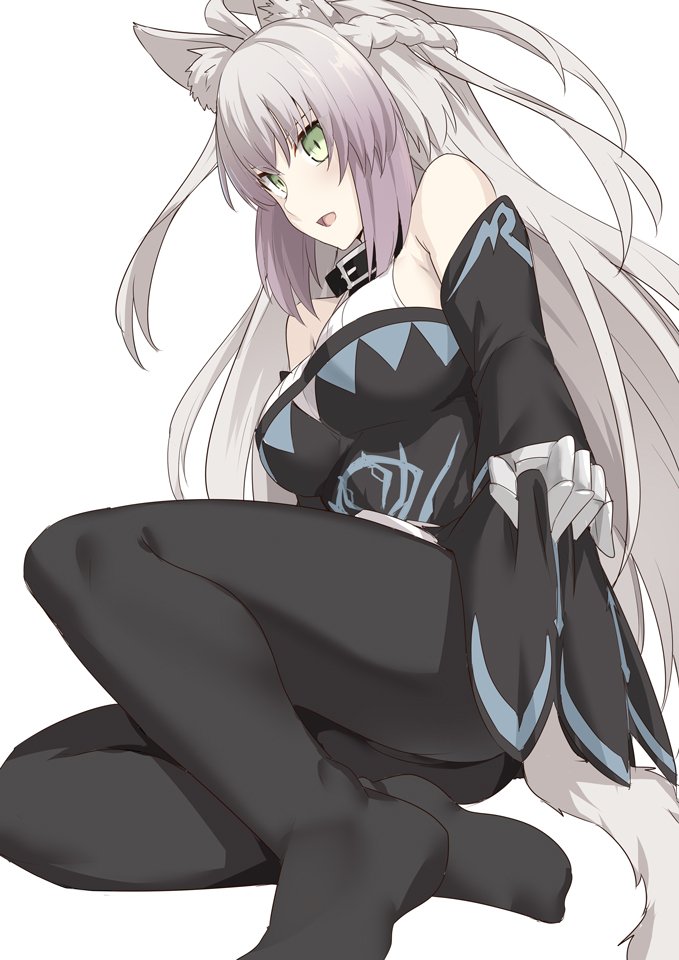 1girl agrius_metamorphosis ahoge animal_ears atalanta_(alter)_(fate) atalanta_(fate) bangs bare_shoulders black_collar breasts cat_ears collar eyebrows_visible_through_hair fate/grand_order fate_(series) green_eyes large_breasts long_hair looking_at_viewer no_shoes shiseki_hirame silver_hair solo tail very_long_hair