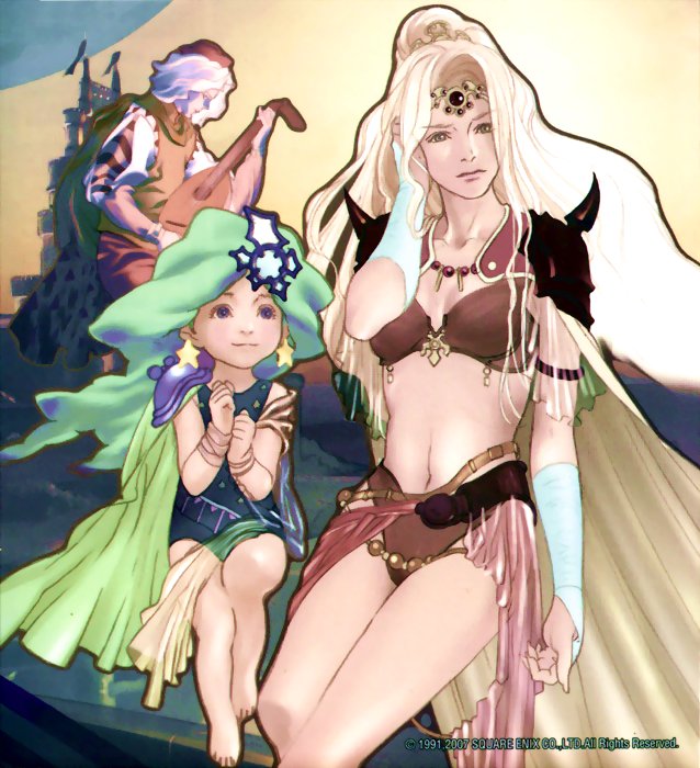 1boy 2girls bikini blonde_hair blue_eyes blue_swimsuit breasts brown_bikini brown_eyes cape castle child closed_mouth commentary_request diadem earrings edward_geraldine final_fantasy final_fantasy_iv green_hair hair_ornament instrument jewelry leotard long_hair lute_(instrument) medieval multiple_girls older rosa_farrell rydia skirt smile star star_hair_ornament swimsuit