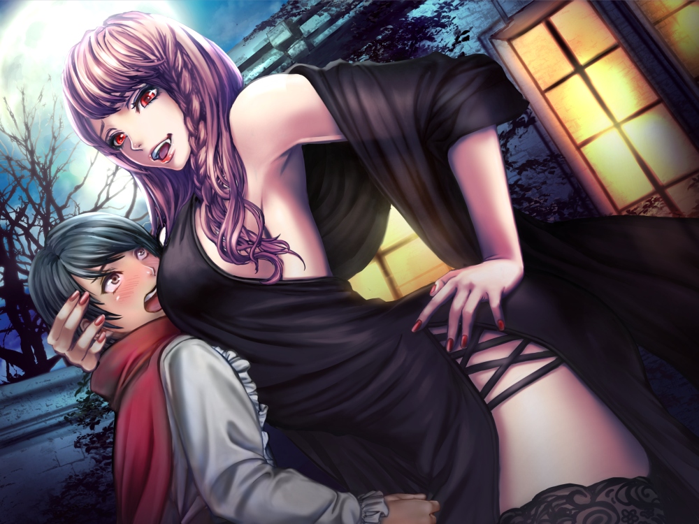 1boy 1girl age_difference bare_tree black_dress black_hair braid breasts cape dress dutch_angle fang hand_on_hip lipstick looking_at_viewer makeup night night_sky open_mouth outdoors red_cape red_eyes red_nails sadakage sky thigh-highs tree vampire