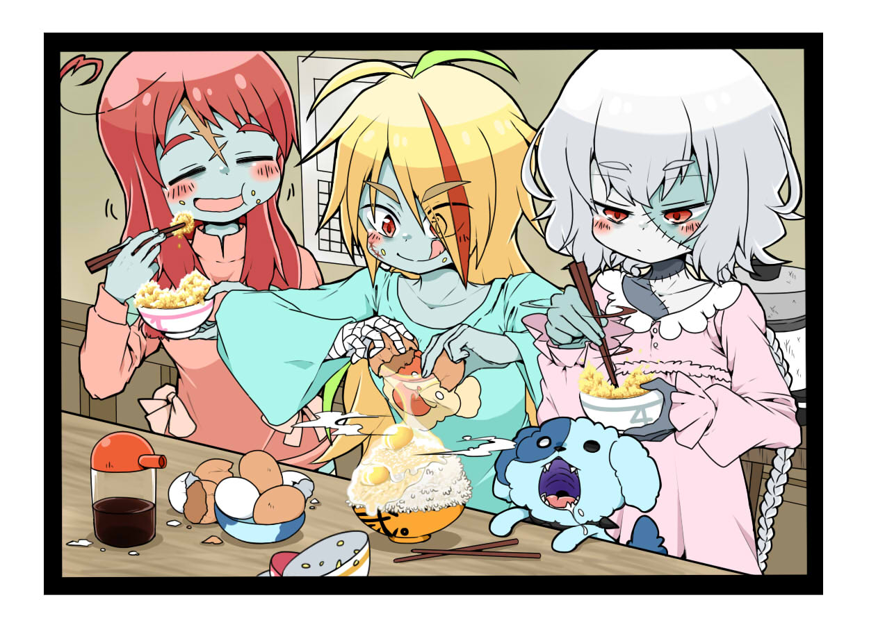 015012 bandages blonde_hair breasts chopsticks dog egg egg_yolk forehead_scar green_hair konno_junko long_hair low_twintails medium_breasts minamoto_sakura multicolored_hair nightgown nikaidou_saki orange_hair patchwork_skin red_eyes redhead rice romero_(zombie_land_saga) scar soy_sauce streaked_hair tongue tongue_out twintails white_hair zombie zombie_land_saga