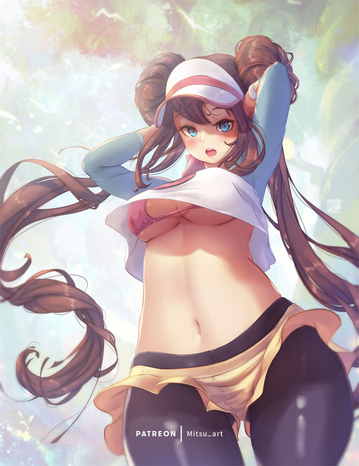 1girl arms_behind_head arms_up ass_visible_through_thighs bikini_top black_legwear blue_eyes breasts brown_hair cowboy_shot crop_top cropped_shirt crotch_seam day double_bun floating_hair legwear_under_shorts long_hair looking_at_viewer medium_breasts mei_(pokemon) midriff mitsu_(mitsu_art) navel open_mouth outdoors pantyhose patreon_username pink_bikini_top pokemon pokemon_(game) pokemon_bw2 raglan_sleeves shirt short_shorts shorts solo stomach swimsuit swimsuit_under_clothes twintails under_boob upshirt upshorts very_long_hair visor_cap watermark yellow_shorts