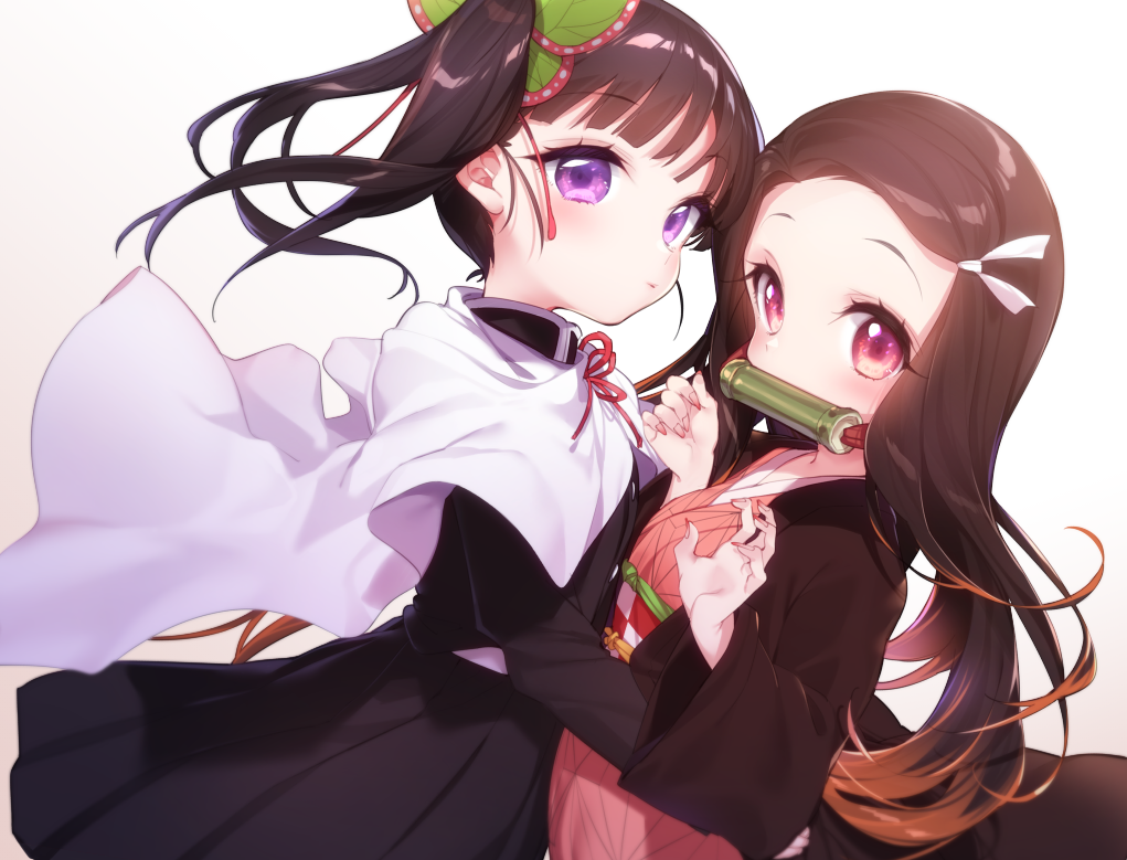 2girls bamboo bangs bit_gag black_hair black_jacket black_skirt blush brown_hair butterfly_hair_ornament cape checkered closed_mouth commentary_request eyebrows_visible_through_hair forehead gag gradient_hair hair_ornament hair_ribbon jacket japanese_clothes kamado_nezuko kimetsu_no_yaiba kimono long_hair long_sleeves looking_at_viewer mouth_hold multicolored_hair multiple_girls neck_ribbon obi open_clothes parted_bangs pink_eyes pink_kimono pleated_skirt red_ribbon ribbon sash side_ponytail simple_background skirt tousaki_shiina tsuyuri_kanao very_long_hair violet_eyes white_background white_cape white_ribbon wide_sleeves