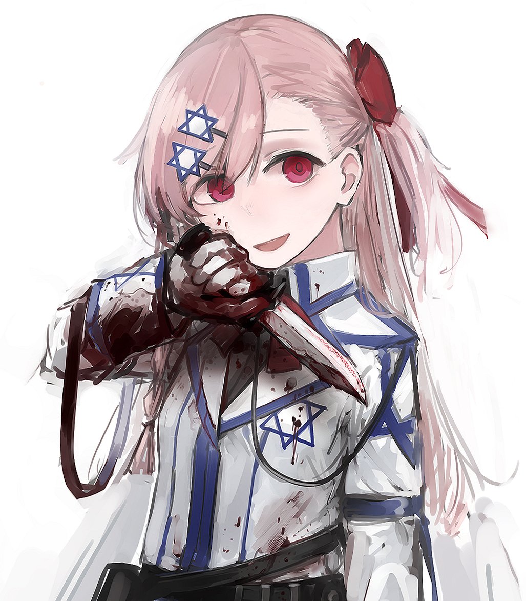 blood bloody_hands bow collared_jacket girls_frontline gloves hair_bow hair_ornament hairclip hexagram knife long_hair negev_(girls_frontline) open_mouth pink_hair rampart1028 red_bow red_eyes smile star_of_david white_gloves