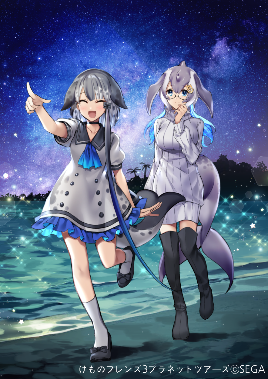 2girls :d ^_^ bangs black-framed_eyewear black_footwear black_legwear black_sailor_collar blowhole blue_eyes blue_hair blue_neckwear blue_whale_(kemono_friends) blush boots breasts closed_eyes closed_mouth commentary_request dress eyebrows_visible_through_hair frilled_dress frills gambe glasses grey_hair grey_sweater hair_between_eyes hair_ornament hand_up highres kemono_friends large_breasts long_hair multiple_girls narwhal_(kemono_friends) narwhal_tail night night_sky open_mouth outdoors pointing puffy_short_sleeves puffy_sleeves ribbed_sweater sailor_collar sailor_dress semi-rimless_eyewear shoes short_sleeves sky smile socks sparkle standing standing_on_one_leg star star_(sky) starry_sky sweater sweater_dress tail thigh-highs thigh_boots translated under-rim_eyewear very_long_hair water whale_tail_(animal_tail) white_hair white_legwear