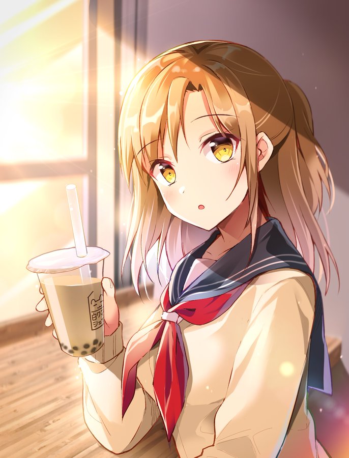 1girl :o bangs black_sailor_collar blush brown_cardigan brown_hair bubble_tea cardigan commentary_request cup disposable_cup drinking_straw eyebrows_visible_through_hair holding holding_cup indoors long_hair long_sleeves looking_at_viewer moe neckerchief original original_character parted_lips ponytail red_neckwear sailor_collar school_uniform serafuku shiro_kuma_shake solo sunlight upper_body window yellow_eyes