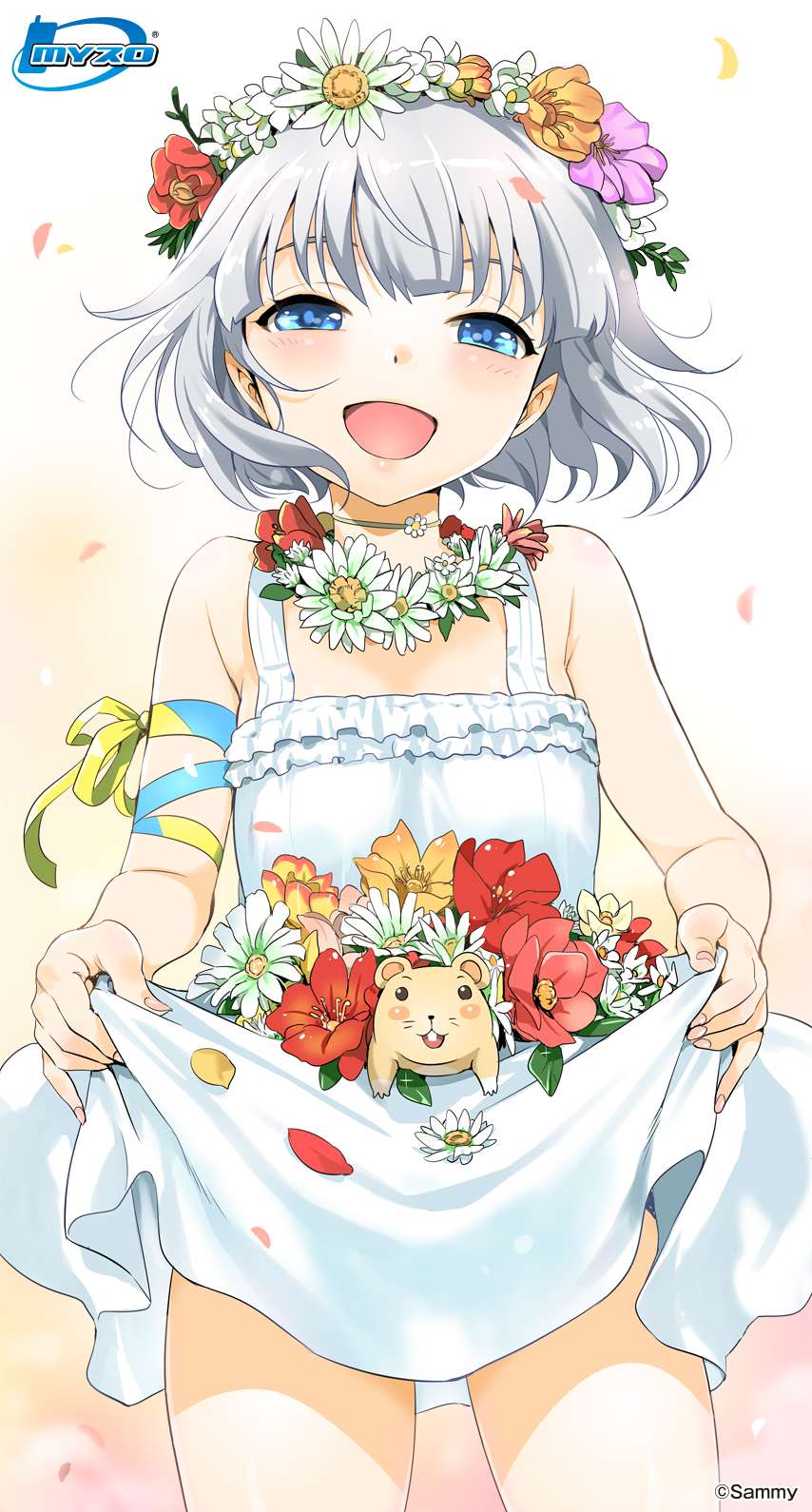 1girl blue_eyes cowboy_shot dress flower flower_necklace hamster head_wreath highres himawari_(myslot) inoue_sora jewelry looking_at_viewer myslot necklace open_mouth short_hair silver_hair smile solo standing sundress white_dress