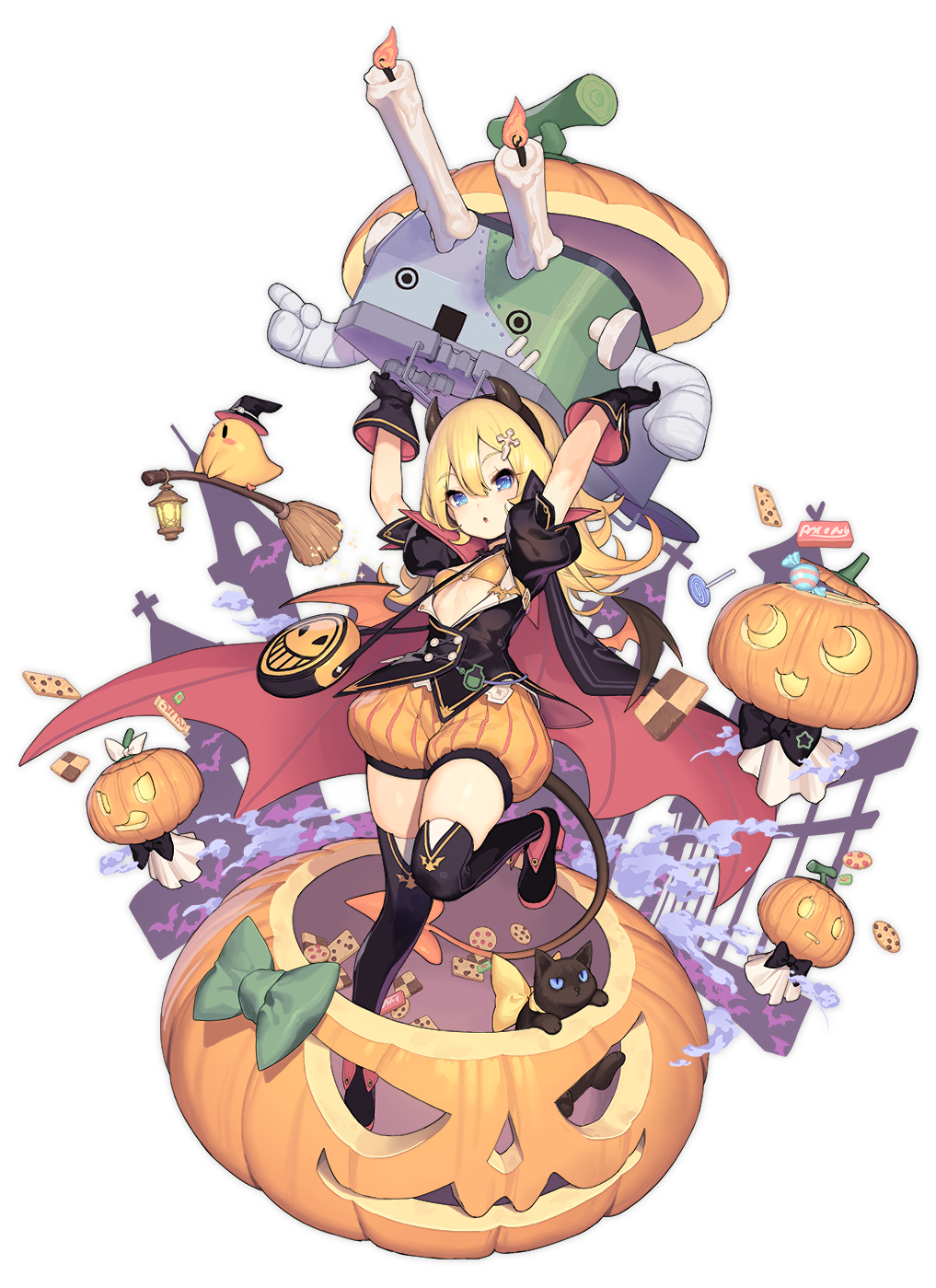 1girl :o abercrombie_(azur_lane) animal arms_up azur_lane bikini_top bird black_gloves black_jacket black_legwear blonde_hair blue_eyes bow breasts broom candle candy cape carrying cat chick cookie double-breasted food gloves hair_ornament hairband halloween hat highres horns jack-o'-lantern jacket lantern leg_up lollipop long_hair looking_at_viewer machinery manjuu_(azur_lane) o-ring o-ring_top official_art open_mouth orange_bikini_top orange_shorts puffy_short_sleeves puffy_sleeves pumpkin shoes short_sleeves shorts small_breasts solo swirl_lollipop thigh-highs transparent_background tsliuyixin